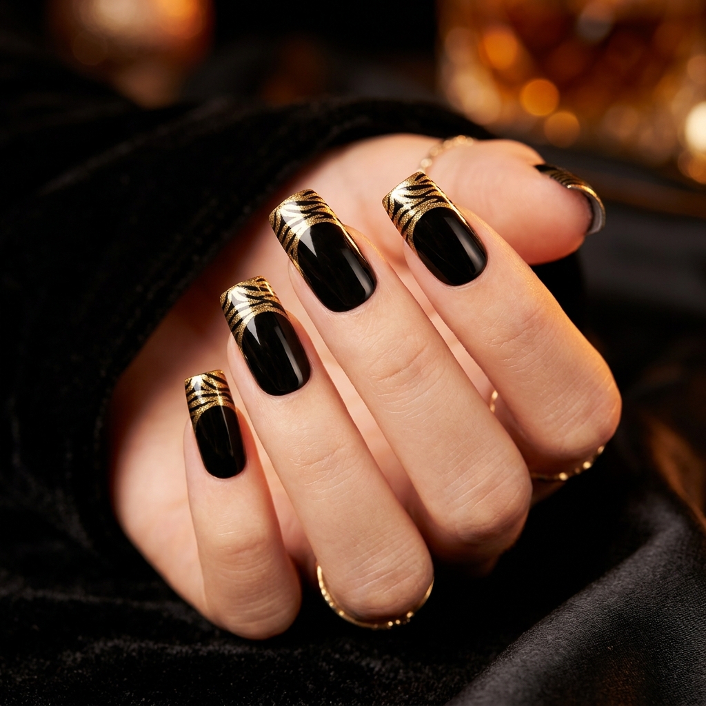 Gold Zebra French Tip Nails Ideas