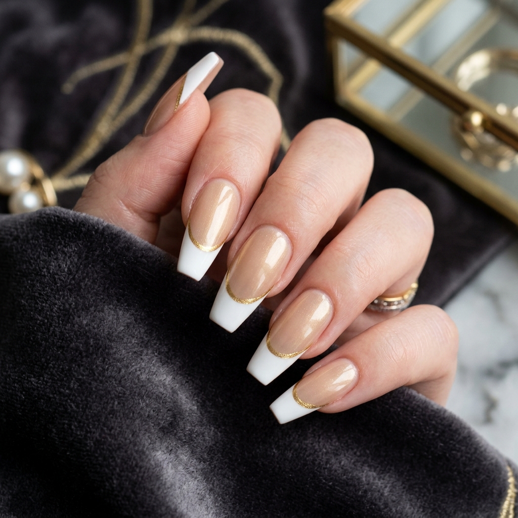 Gold Accent French Tip Coffin Nail Ideas
