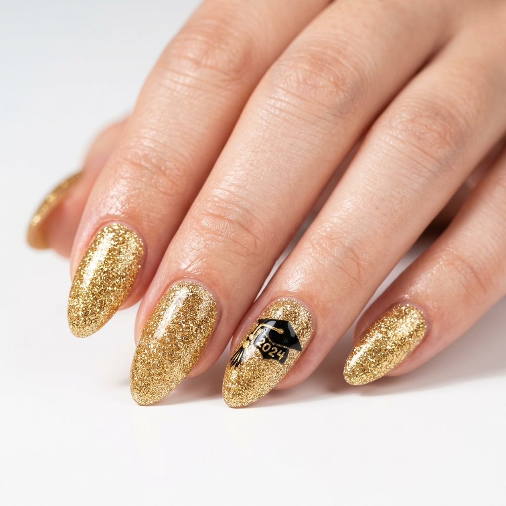 Gold Glitter Graduation Nail Designs