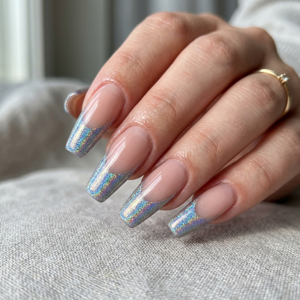 Holographic French Tip Coffin Nail Ideas