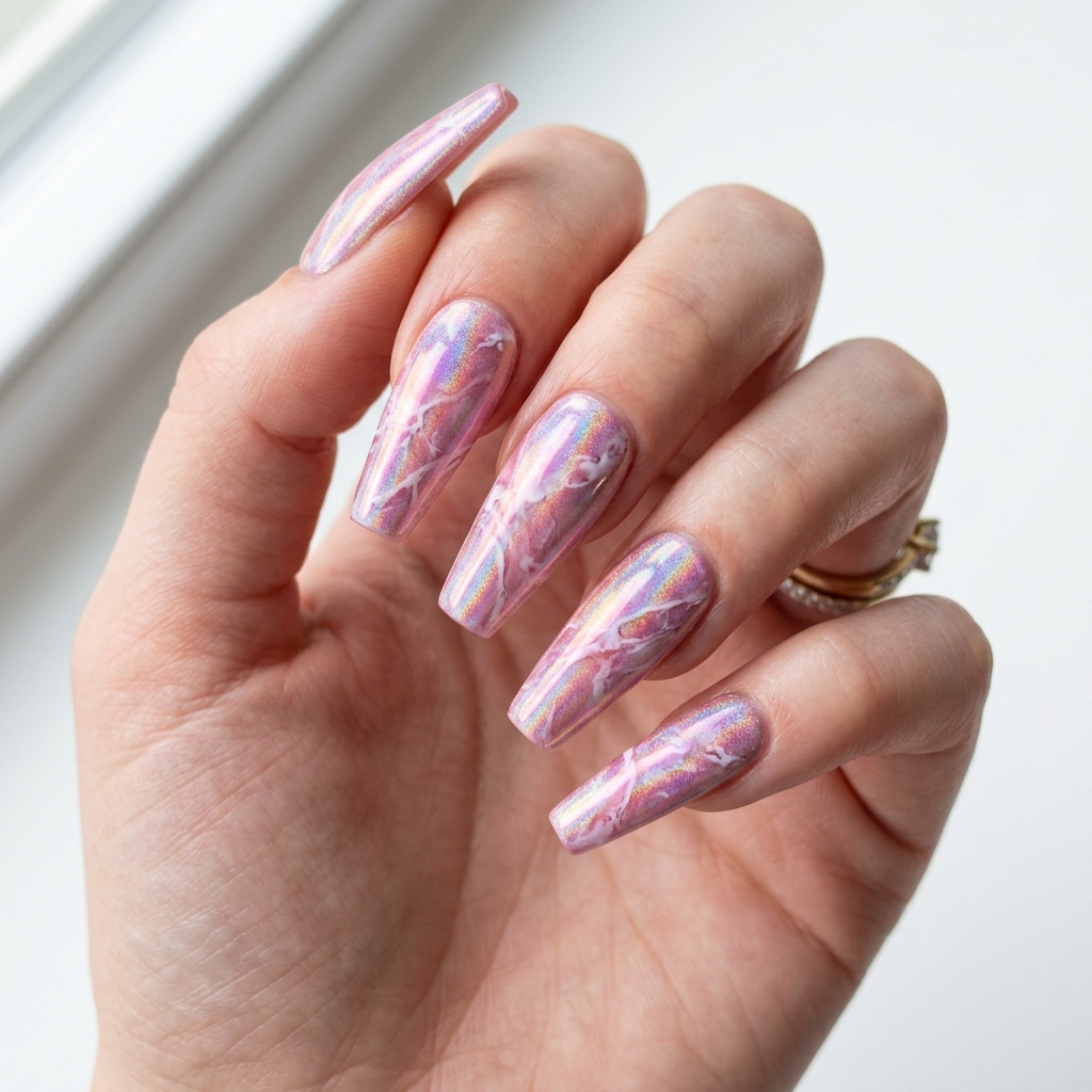 30 Pink Marble Nails Ideas You Will Absolutely Love 20 Holographic Pink Marble Nail Ideas