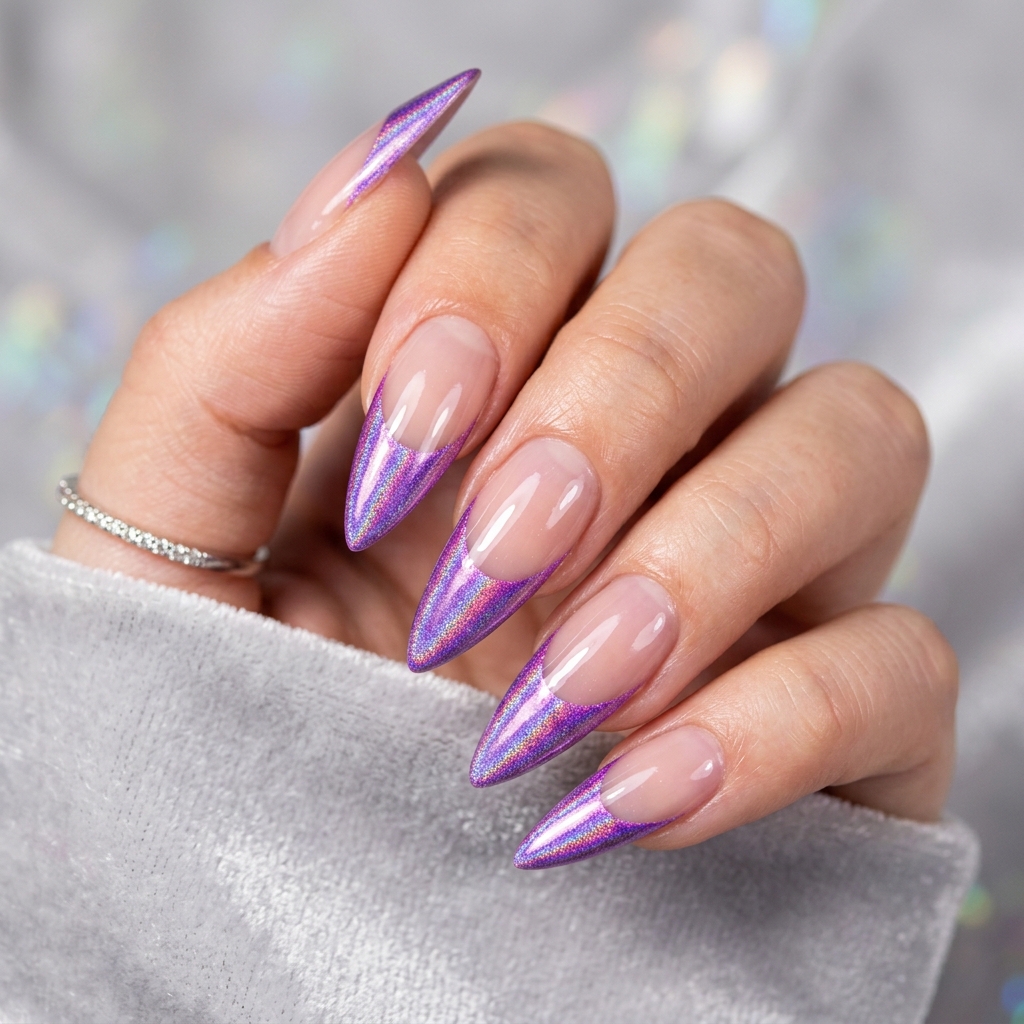Purple French Tip Nails: 30 Stunning Ideas to Inspire Your Next Manicure 9 Holographic Purple French Tip Nails Ideas