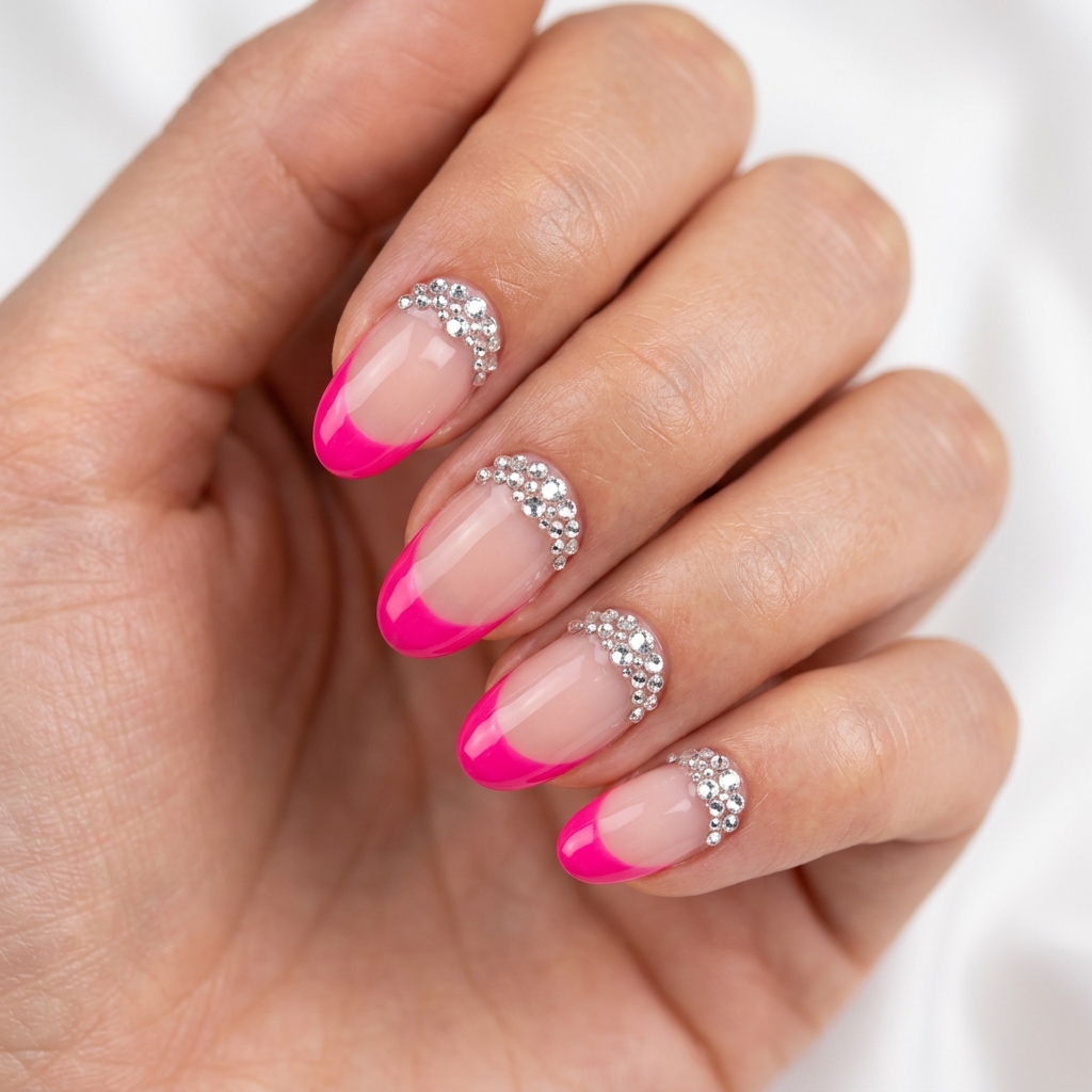 Hot Pink French Tip Nails 30 Ideas: The Ultimate Guide to Bold and Playful Nail Inspiration 10 Rhinestones Hot Pink French Tip Nails