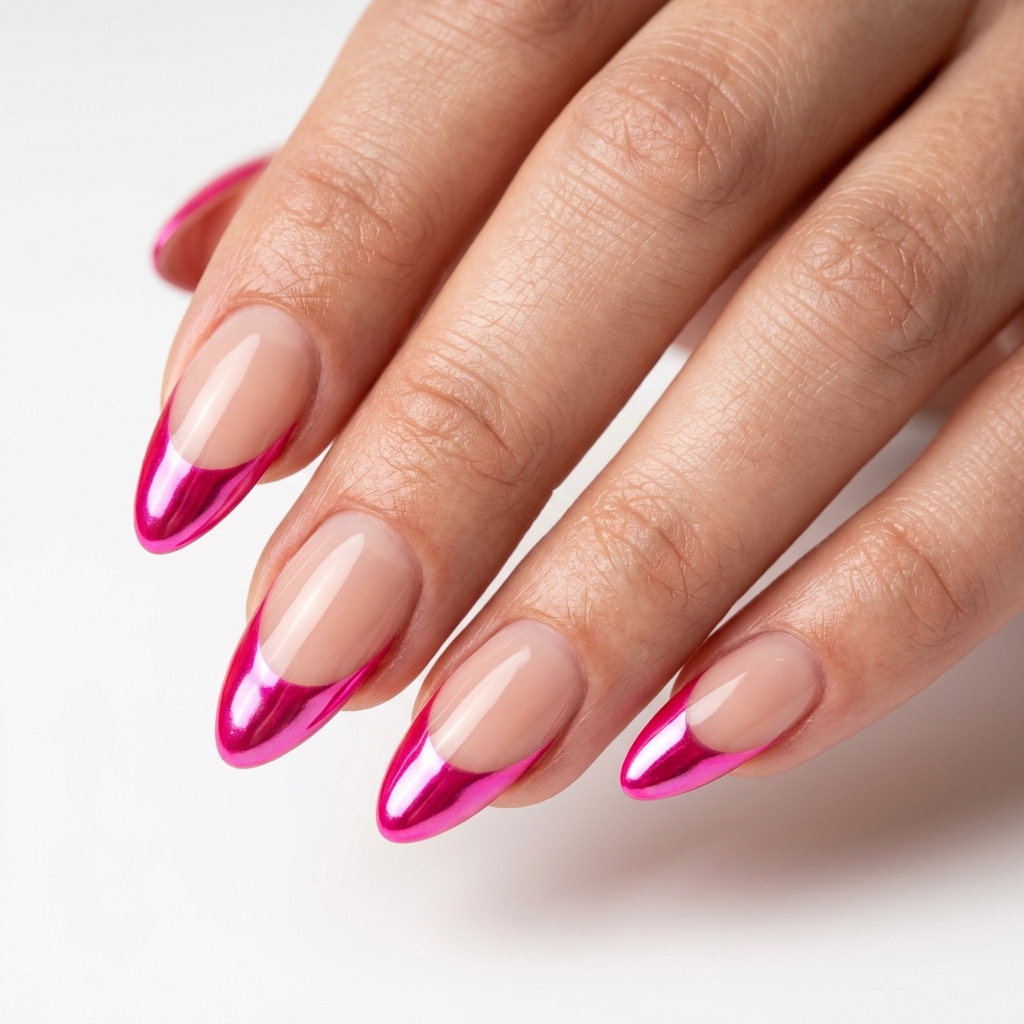 Hot Pink French Tip Nails 30 Ideas: The Ultimate Guide to Bold and Playful Nail Inspiration 14 Chrome Finish Hot Pink French Tip Nails