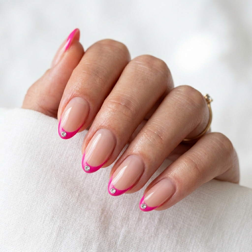 Hot Pink French Tip Nails 30 Ideas: The Ultimate Guide to Bold and Playful Nail Inspiration 27 Hot Pink French Tip with Gem Accents