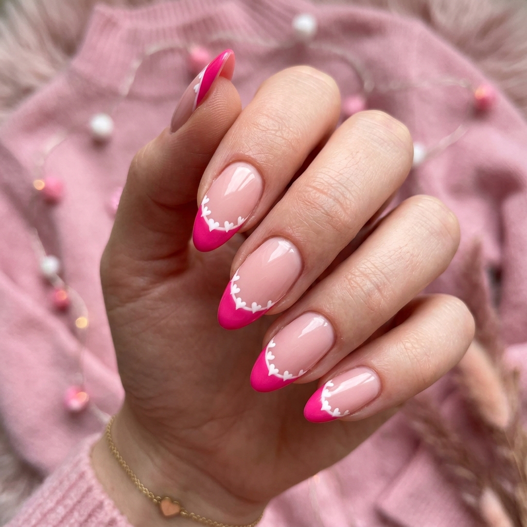 Hot Pink French Tip Nails 30 Ideas: The Ultimate Guide to Bold and Playful Nail Inspiration 18 Hearts Hot Pink French Tip Nails