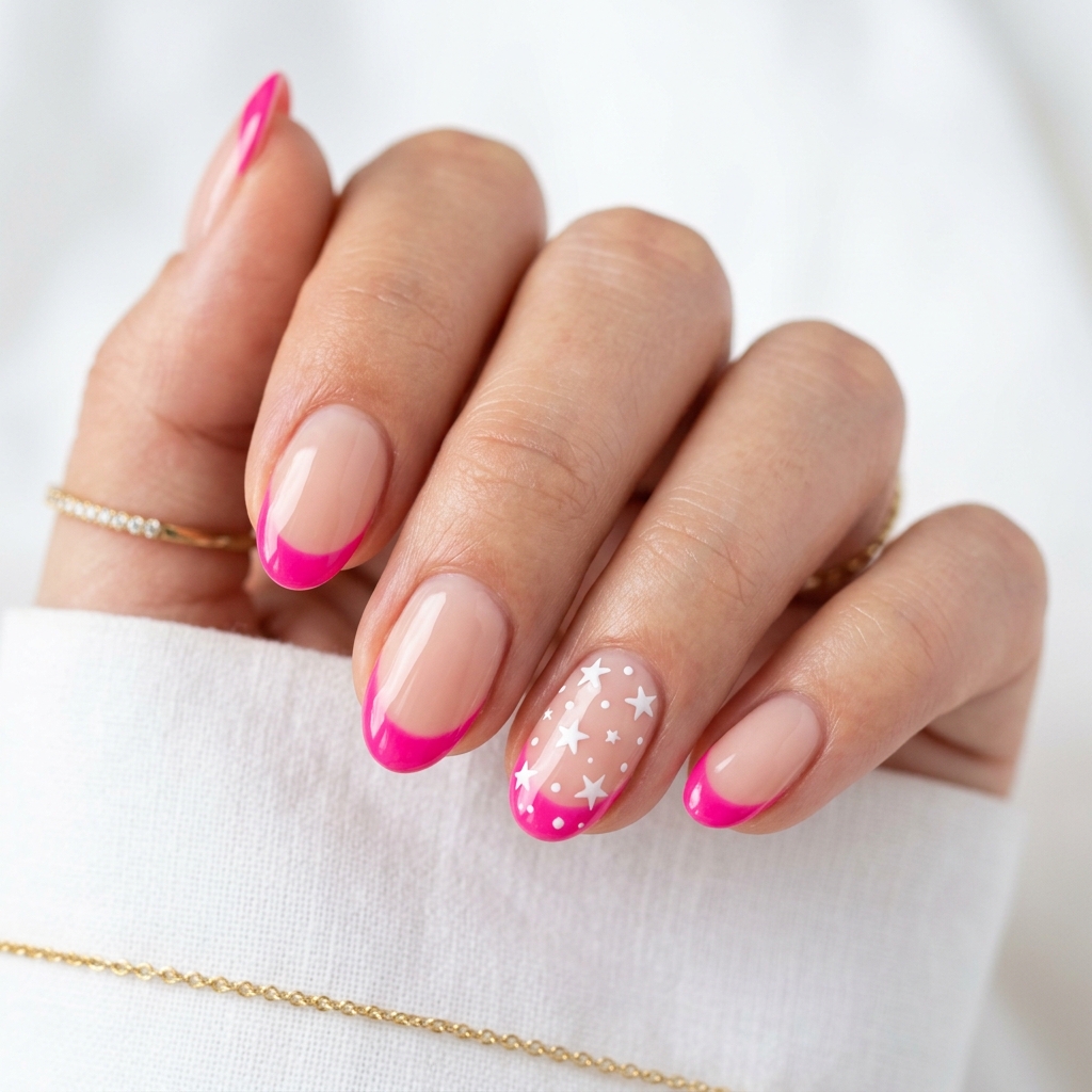 Hot Pink French Tip Nails 30 Ideas: The Ultimate Guide to Bold and Playful Nail Inspiration 31 Hot Pink French Tip with Star Details