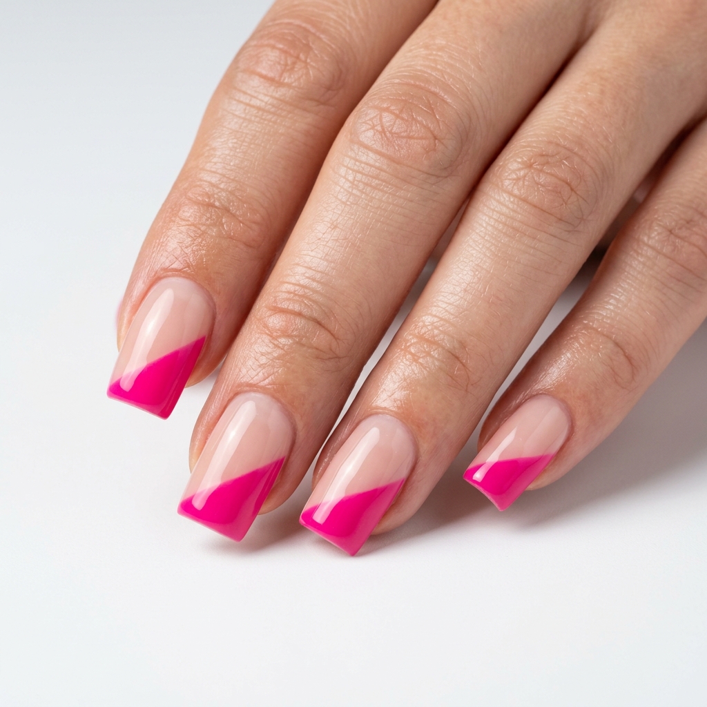 Hot Pink French Tip Nails 30 Ideas: The Ultimate Guide to Bold and Playful Nail Inspiration 26 Hot Pink Diagonal French Tip Ideas