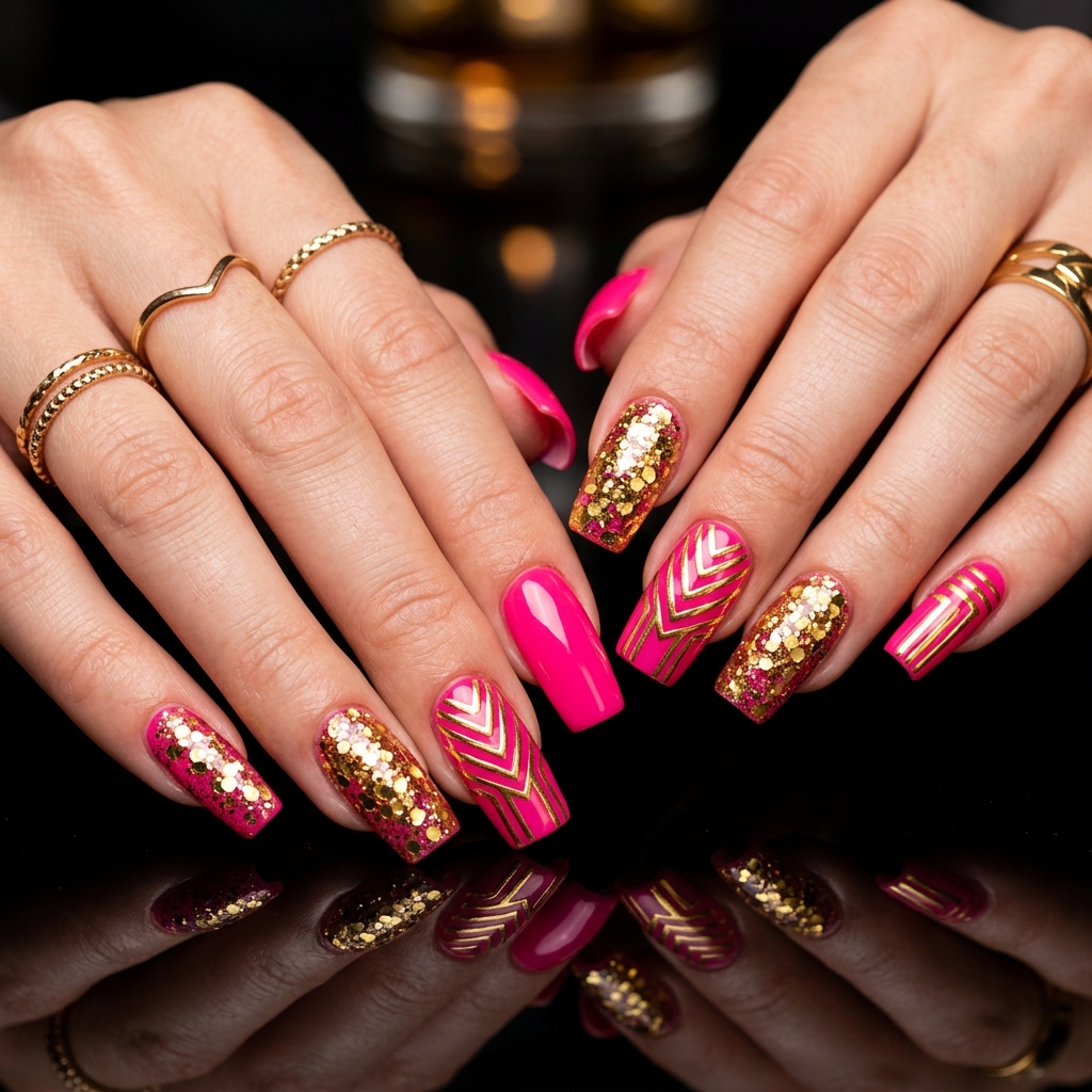 Pink and Gold Nail Designs Ideas: 30 Gorgeous Looks to Inspire Your Next Manicure 8 Hot pink gold nails 202606191845