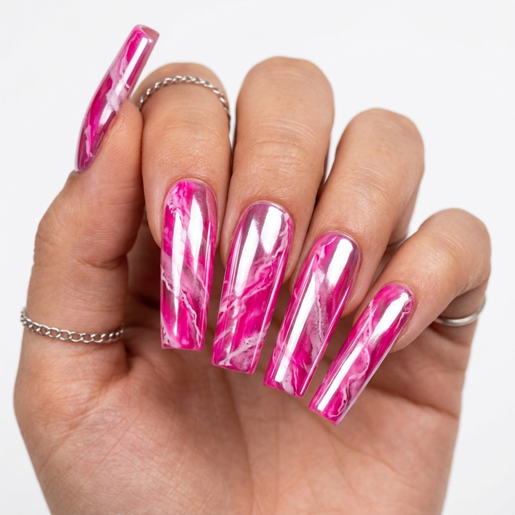 30 Pink Marble Nails Ideas You Will Absolutely Love 4 Hot Pink Marble Nails with Chrome Finish
