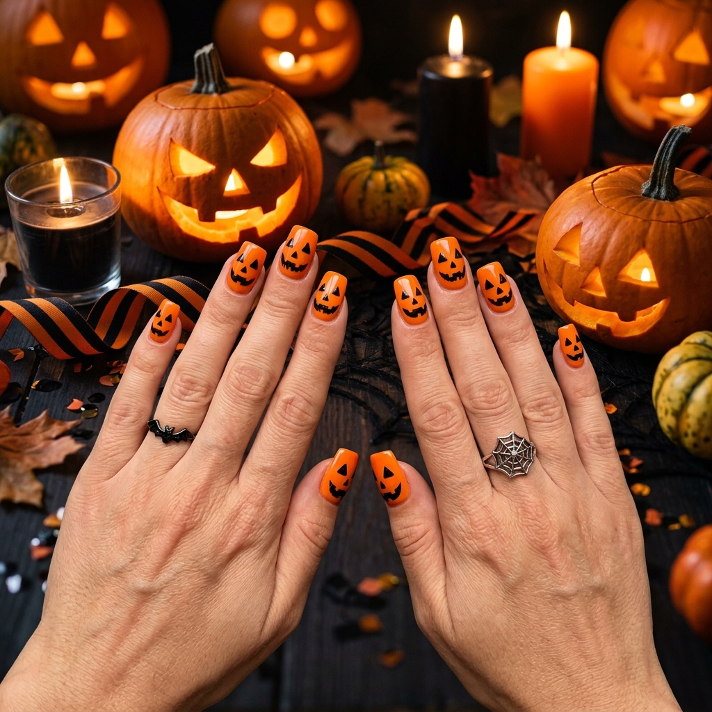 30 Pumpkin Nail Designs That Go From Adorably Cute to Absolutely Stunning 3 Jack-o-Lantern Nail Designs