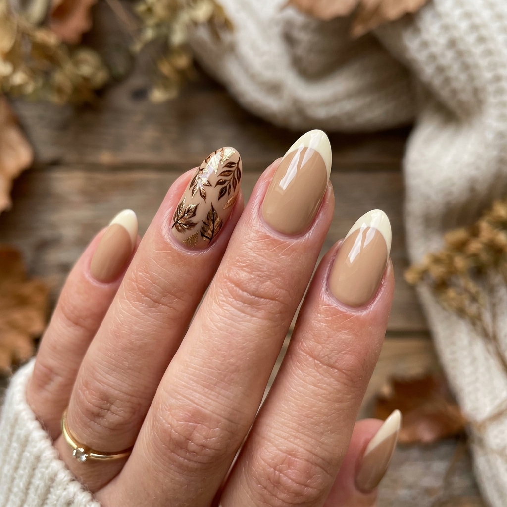 Leaf Print French Tip Nails Ideas