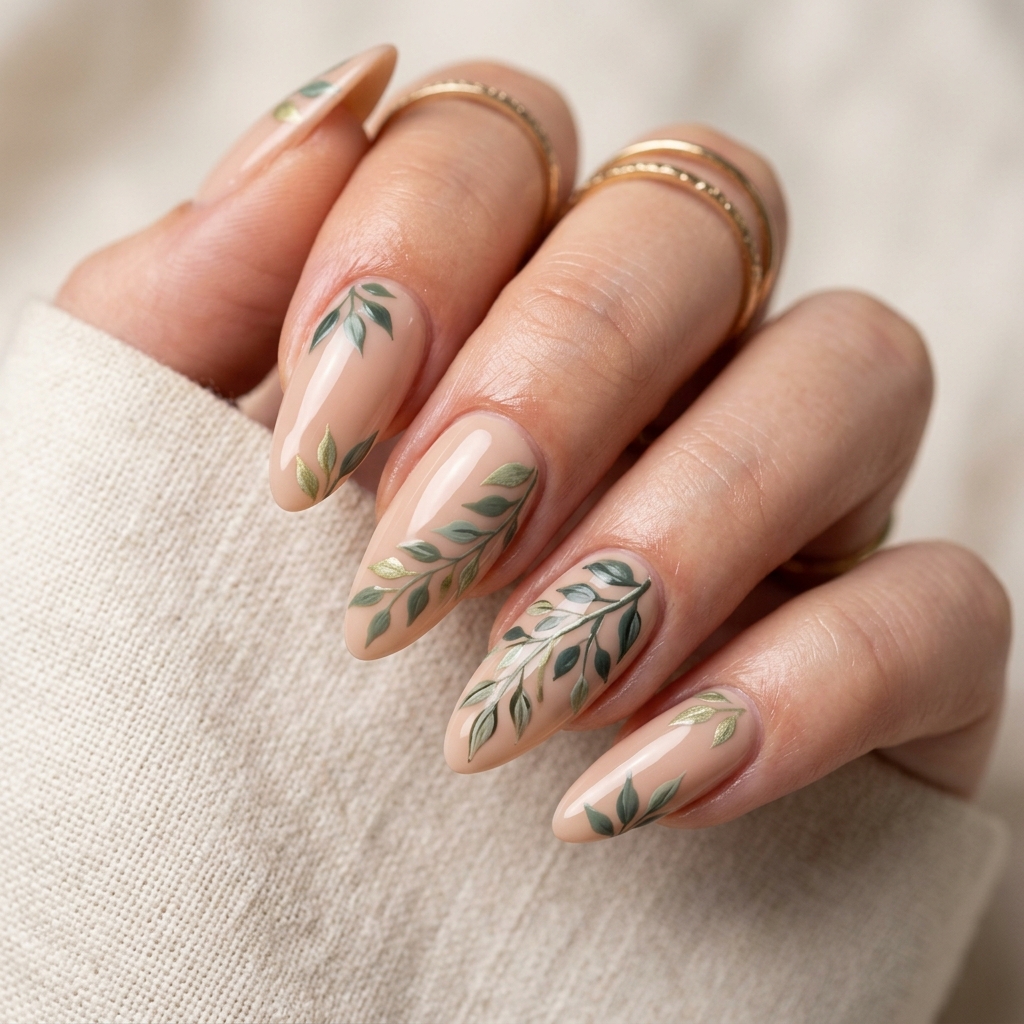 Leaf Nail Art: 30 Stunning Nature Inspired Ideas for Your Next Manicure 14 Leaf Nail Art Almond Shape Ideas