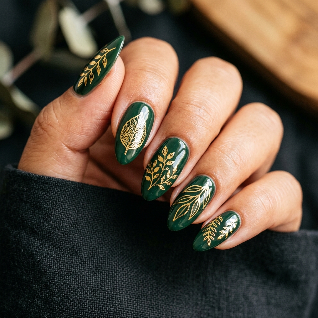 Leaf Nail Art: 30 Stunning Nature Inspired Ideas for Your Next Manicure 23 Leaf Nails Art with Gold Foil Ideas