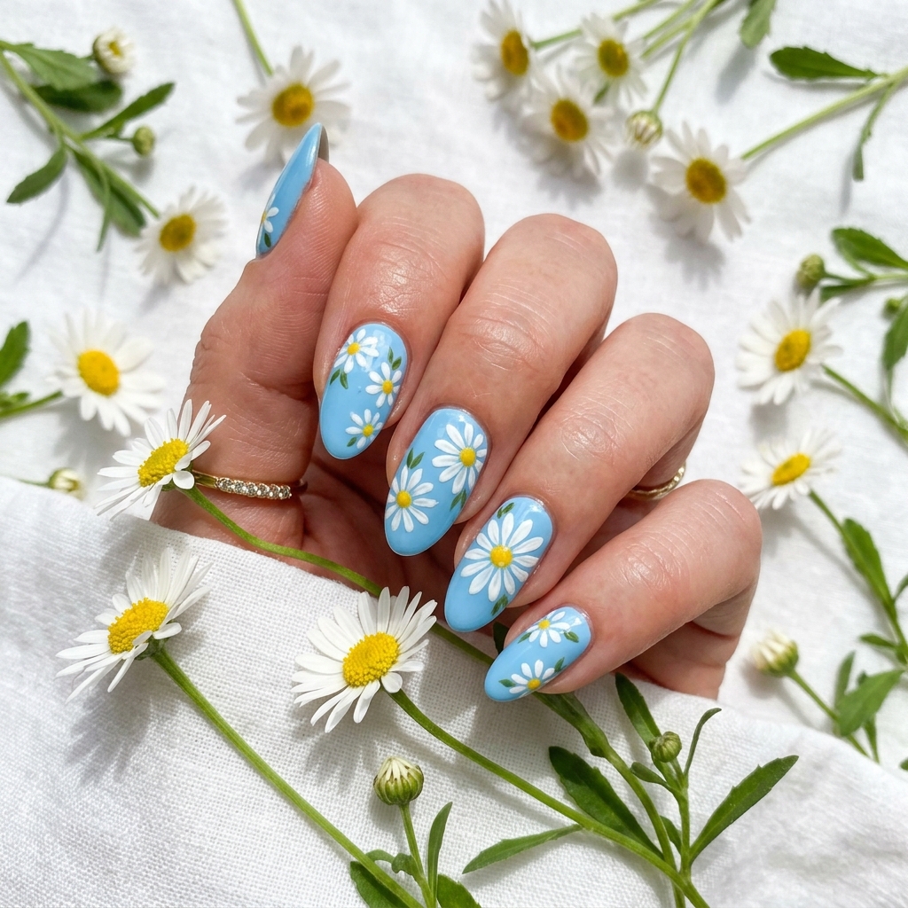Daisy Light Blue Summer Nails Ideas