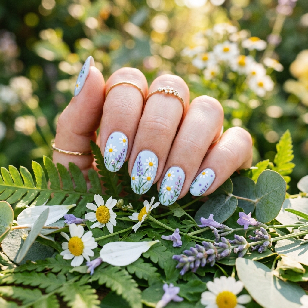Floral Light Blue Summer Nails Ideas