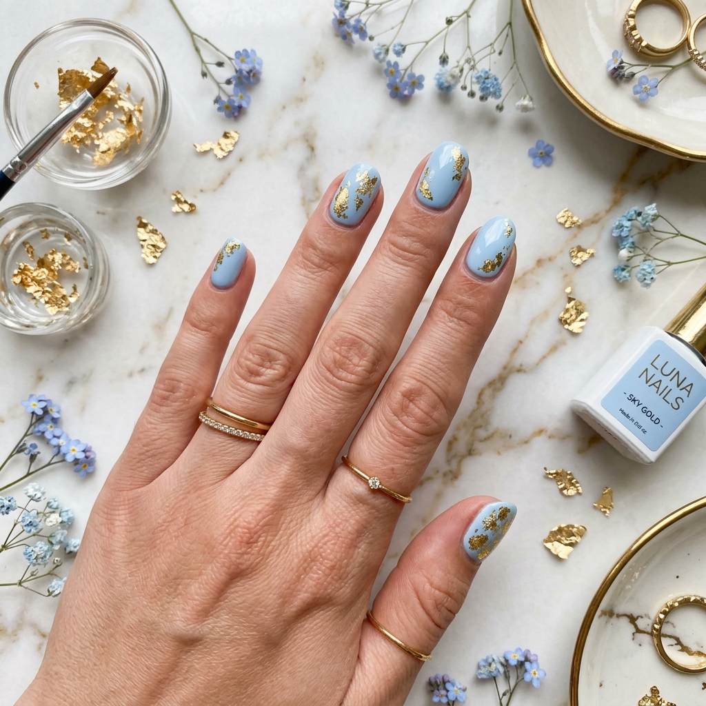 Gold and Light Blue Summer Nails Ideas