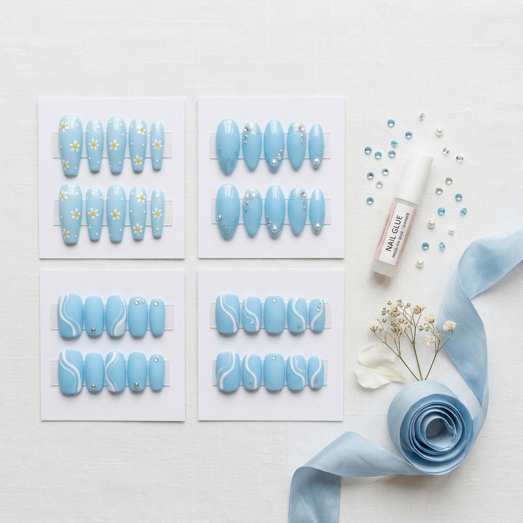 Press On Light Blue Summer Nails Ideas