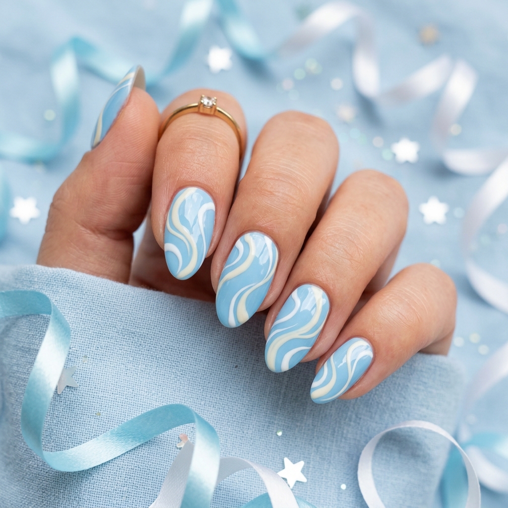 Light Blue Swirl Nails Ideas for Summer