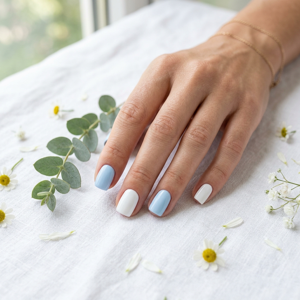 White and Light Blue Summer Nails Ideas