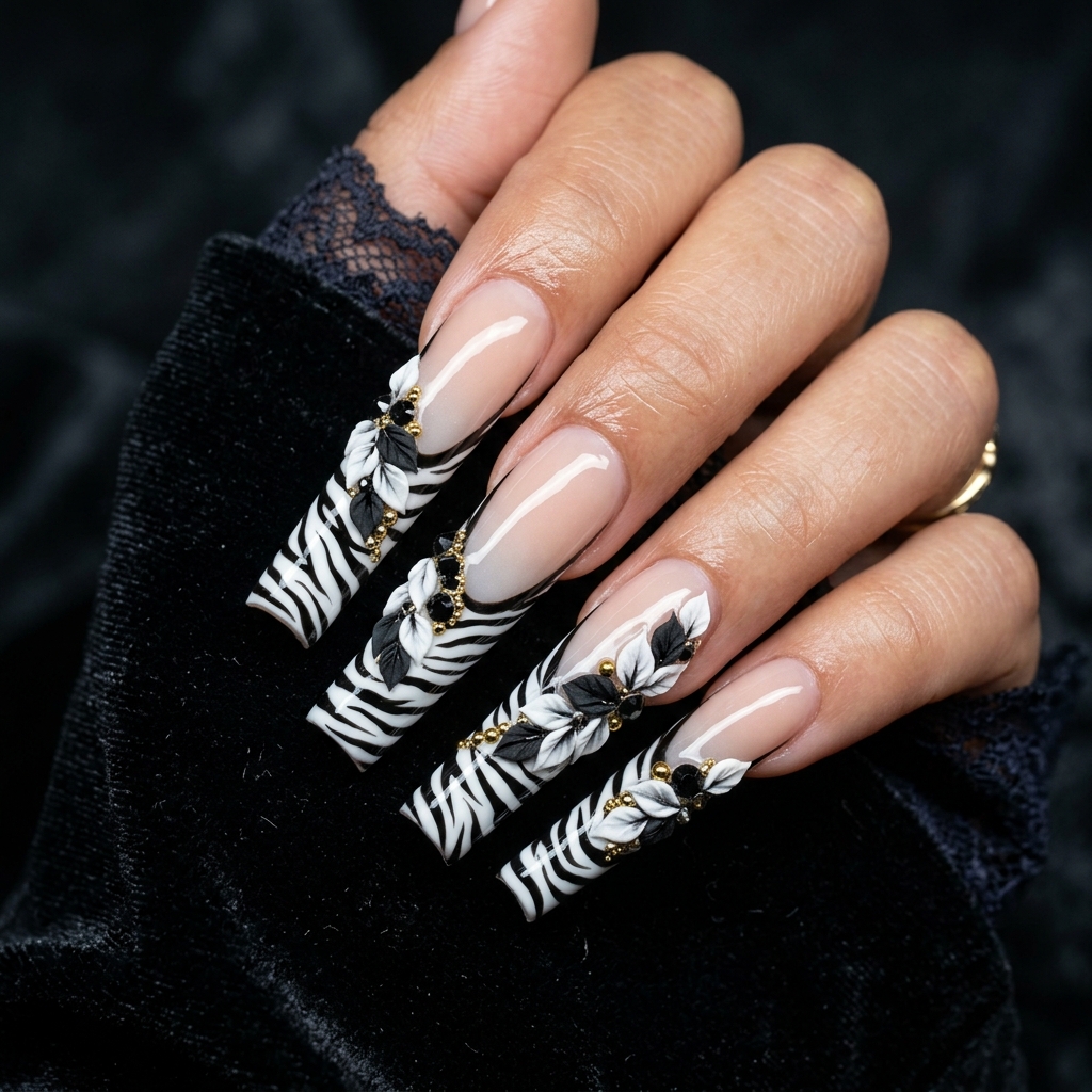Long Acrylic Zebra French Tip Nails Ideas