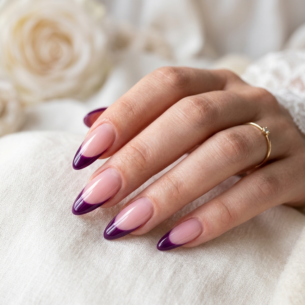 Purple French Tip Nails: 30 Stunning Ideas to Inspire Your Next Manicure 12 Long Almond Purple French Tip Nails Ideas