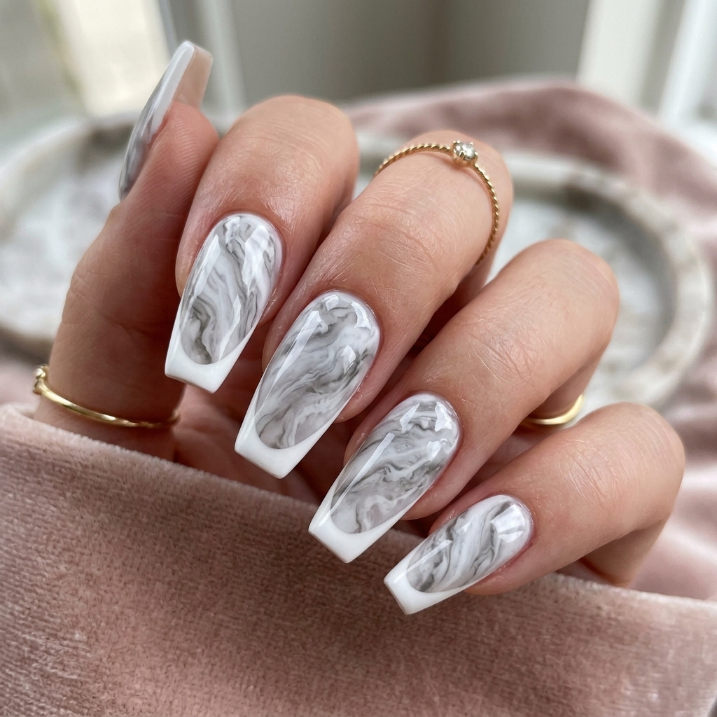 Marble French Tip Coffin Nails Ideas
