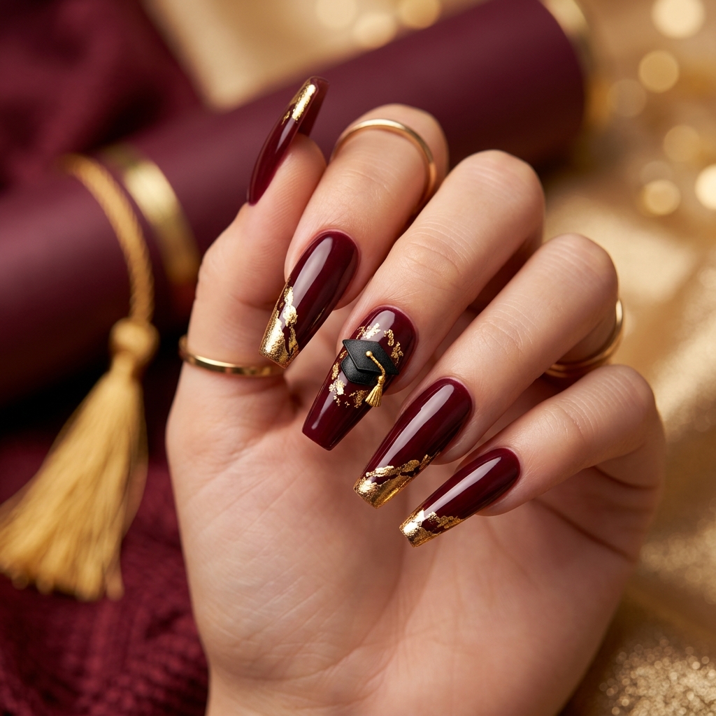 Maroon and Gold Graduation Nail Designs