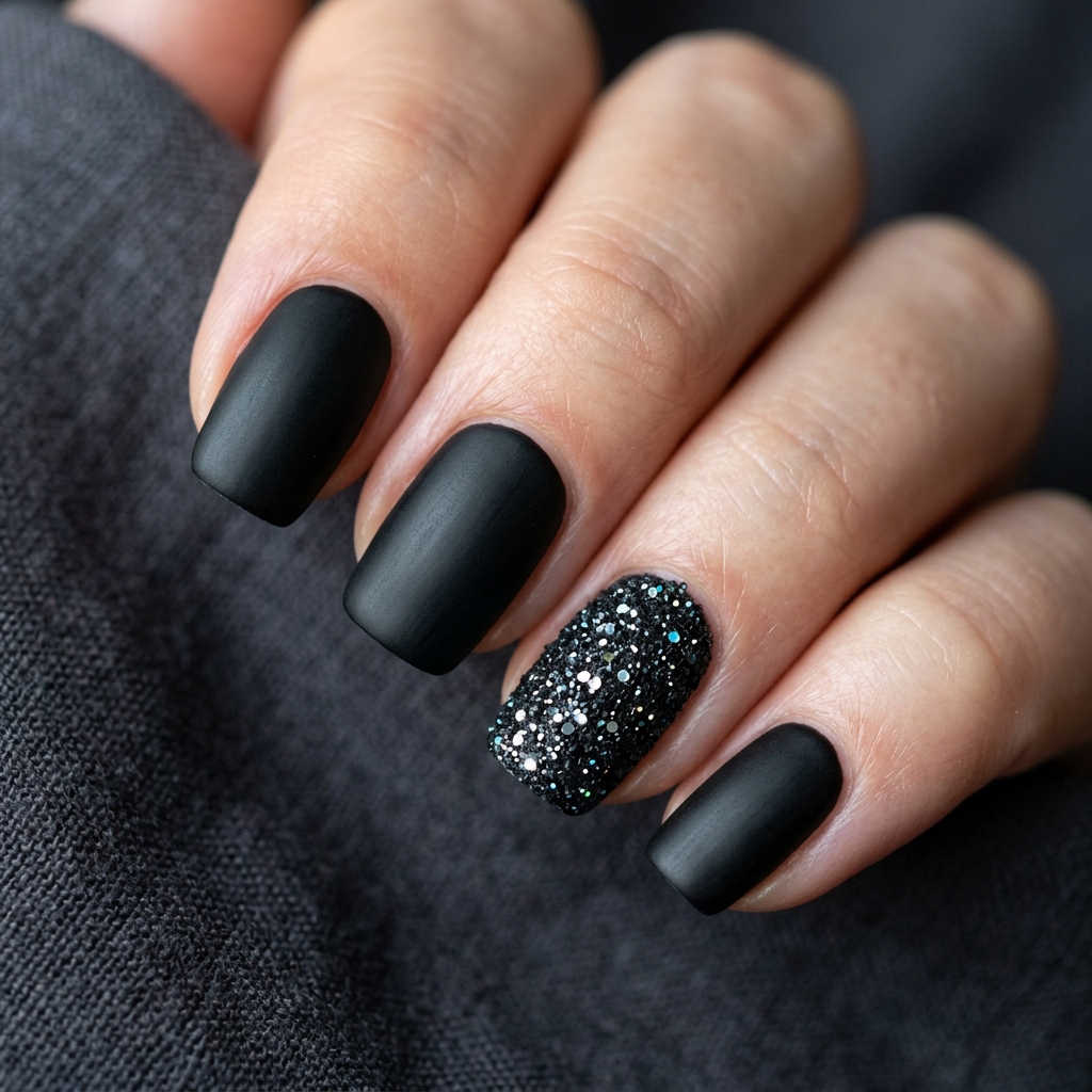 Black Sparkly Nails: 30 Creative Ideas to Inspire Your Next Manicure 9 Matte Black with Glitter Accent Nails Ideas