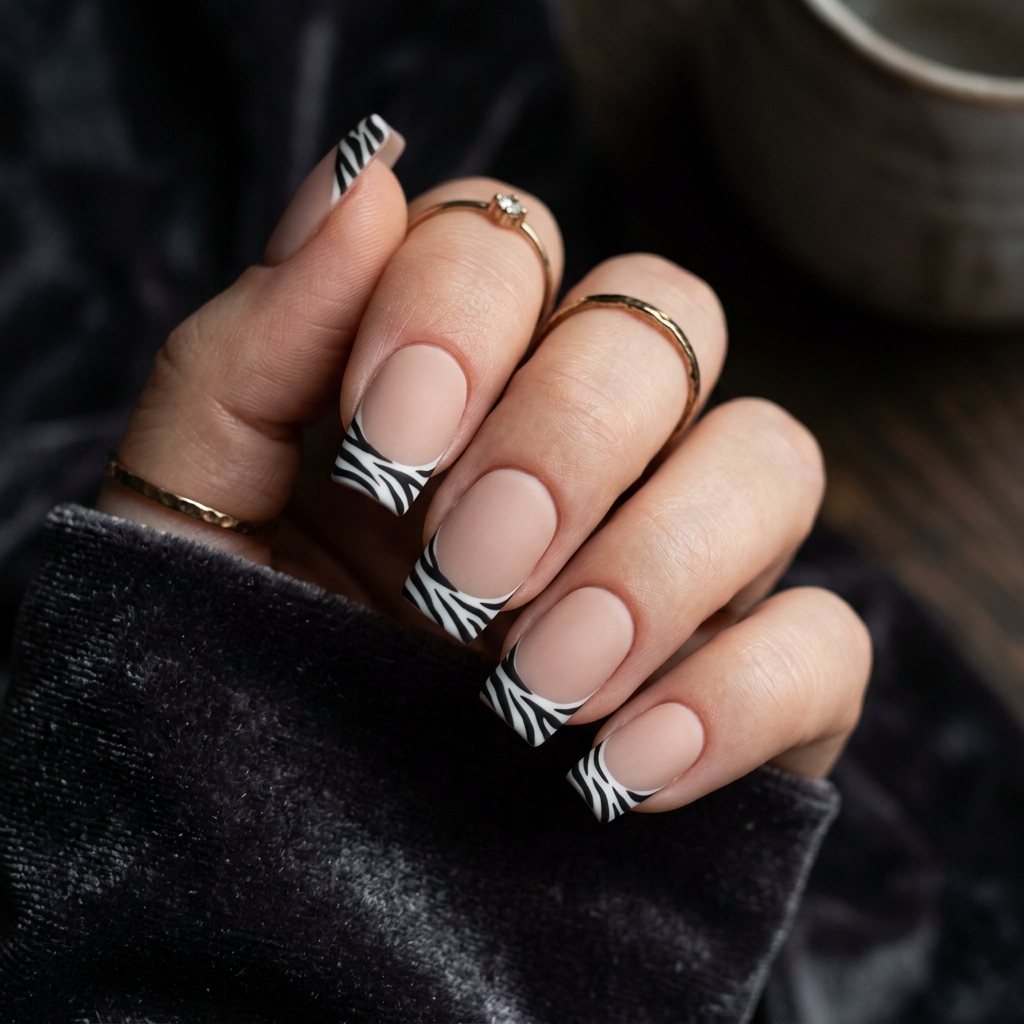 Matte Zebra French Tip Nails Ideas