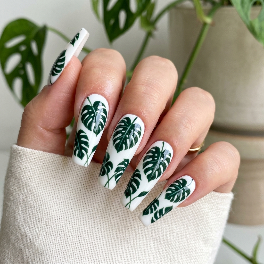 Leaf Nail Art: 30 Stunning Nature Inspired Ideas for Your Next Manicure 18 Monstera Leaf Nail Art Ideas