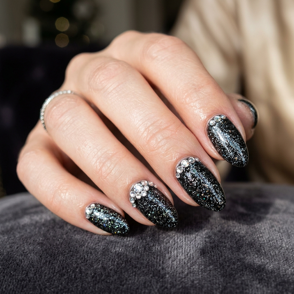 Black Sparkly Nails: 30 Creative Ideas to Inspire Your Next Manicure 20 Black Sparkly Crystal Accent Nails Ideas