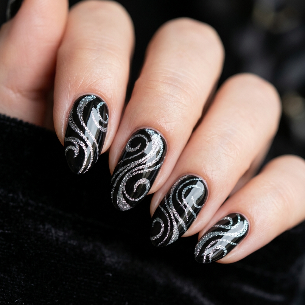 Black Sparkly Nails: 30 Creative Ideas to Inspire Your Next Manicure 27 Black Sparkly Swirl Nails Ideas