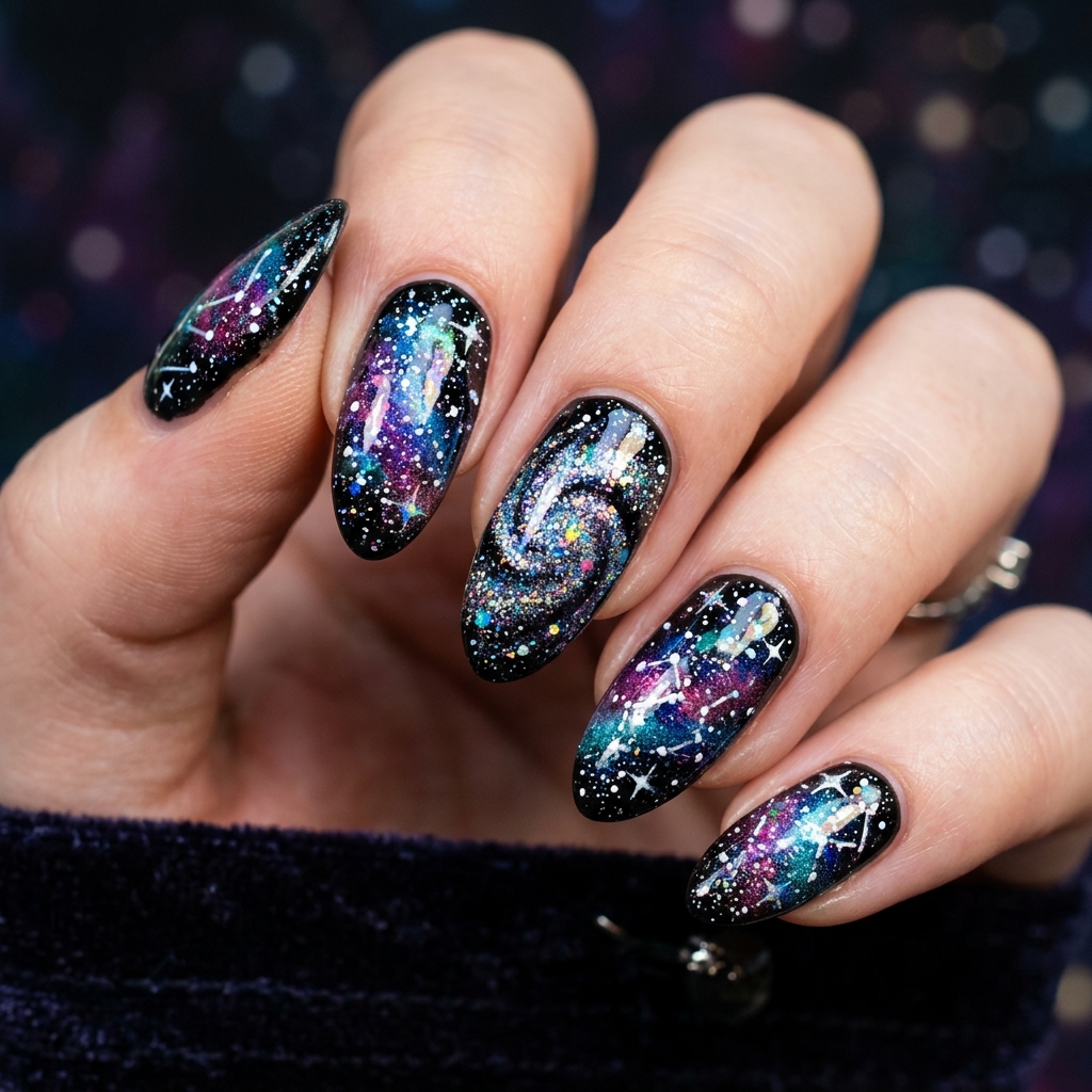 Black Sparkly Nails: 30 Creative Ideas to Inspire Your Next Manicure 23 Black Sparkly Galaxy Nails Ideas