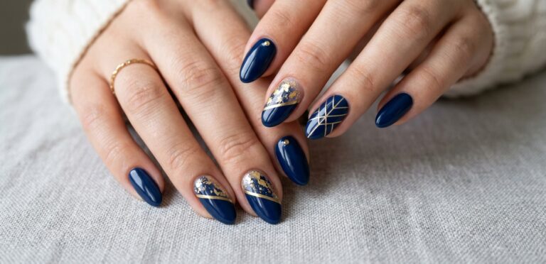 navy blue and gold nails