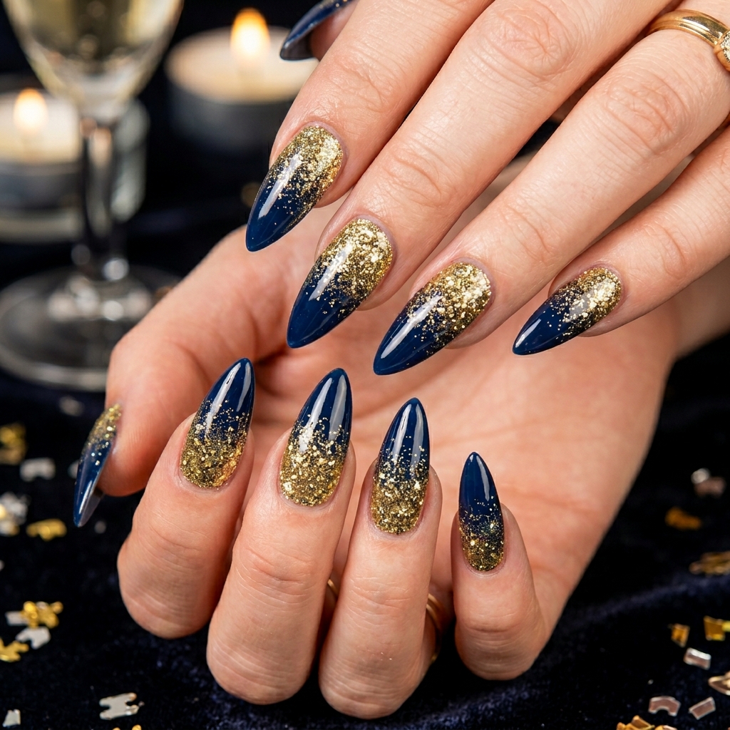 Navy Blue and Gold Nails: 30 Gorgeous Ideas to Elevate Your Manicure 29 Navy blue gold New Year 202606232352