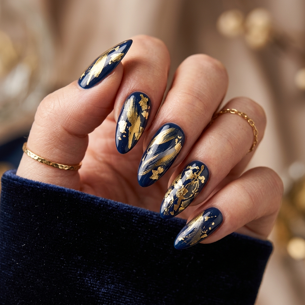 Navy Blue and Gold Nails: 30 Gorgeous Ideas to Elevate Your Manicure 26 Navy blue gold abstract nails 202606232351