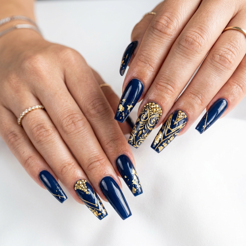 Navy Blue and Gold Nails: 30 Gorgeous Ideas to Elevate Your Manicure 14 Navy blue gold acrylic nails 202606232338