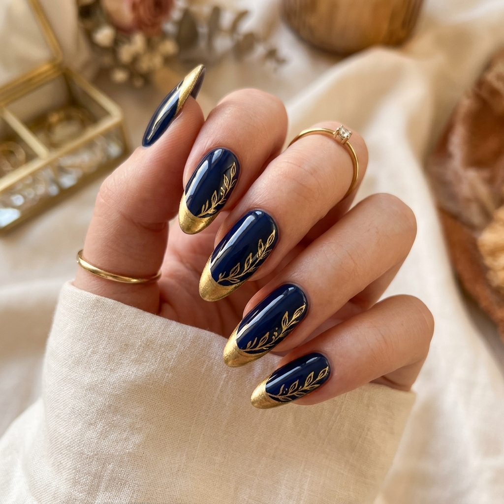 Navy Blue and Gold Nails: 30 Gorgeous Ideas to Elevate Your Manicure 11 Navy blue gold almond nails 202606232334