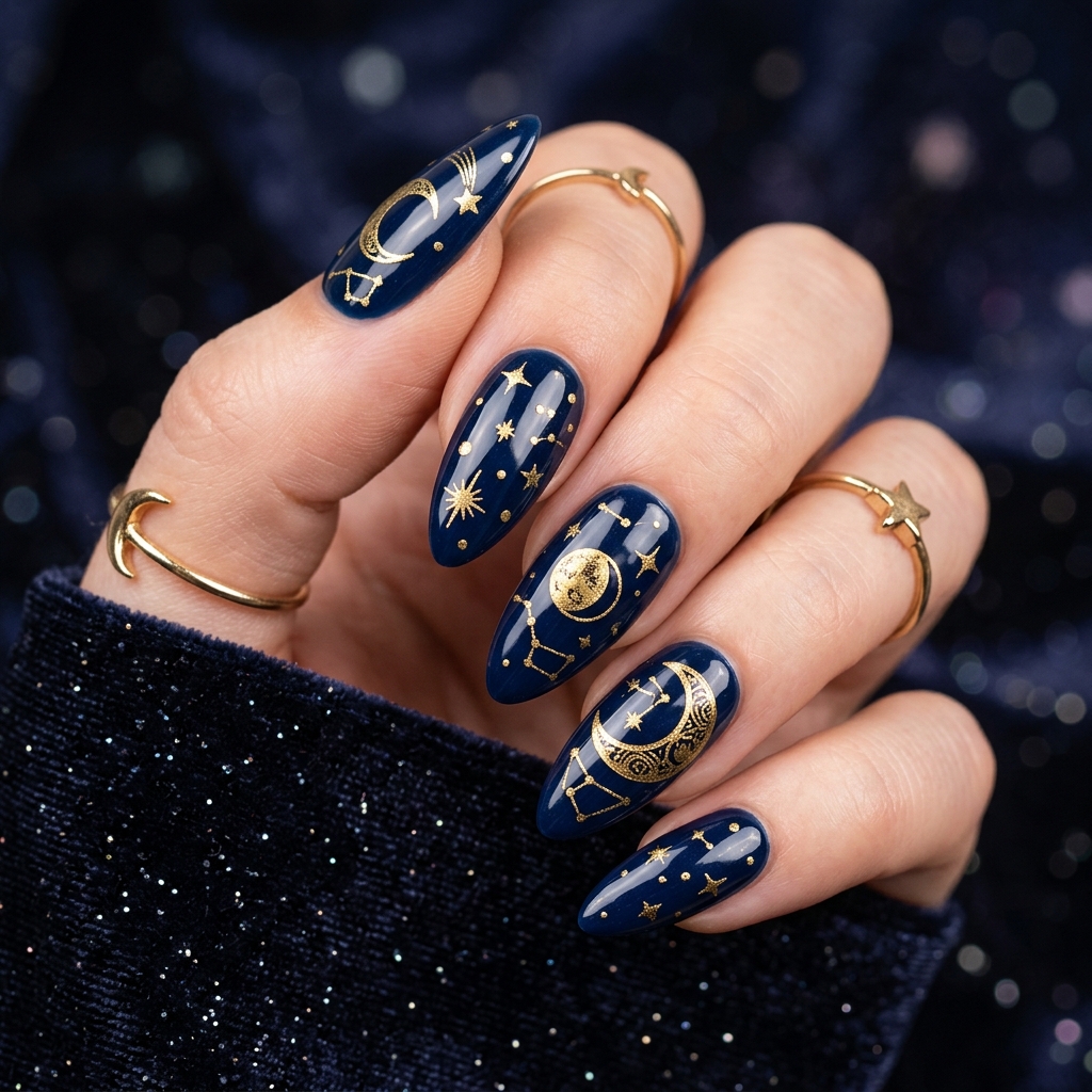 Navy Blue and Gold Nails: 30 Gorgeous Ideas to Elevate Your Manicure 17 Navy blue gold celestial nails 202606232338