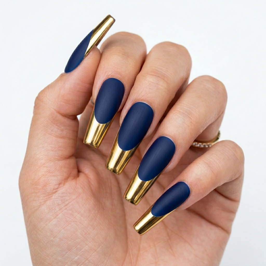 Navy Blue and Gold Nails: 30 Gorgeous Ideas to Elevate Your Manicure 8 Navy blue gold chrome nails 202606232333
