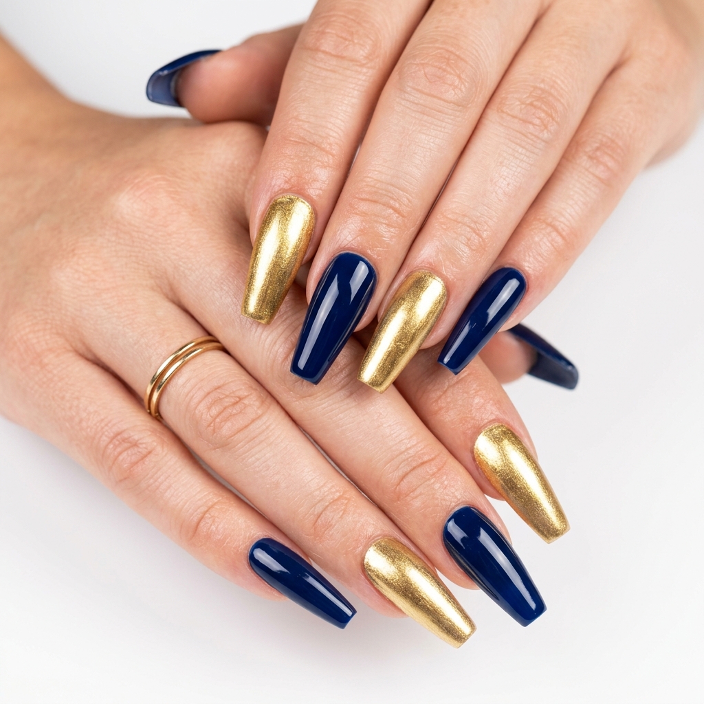 Navy Blue and Gold Nails: 30 Gorgeous Ideas to Elevate Your Manicure 10 Navy blue gold coffin nails 202606232334