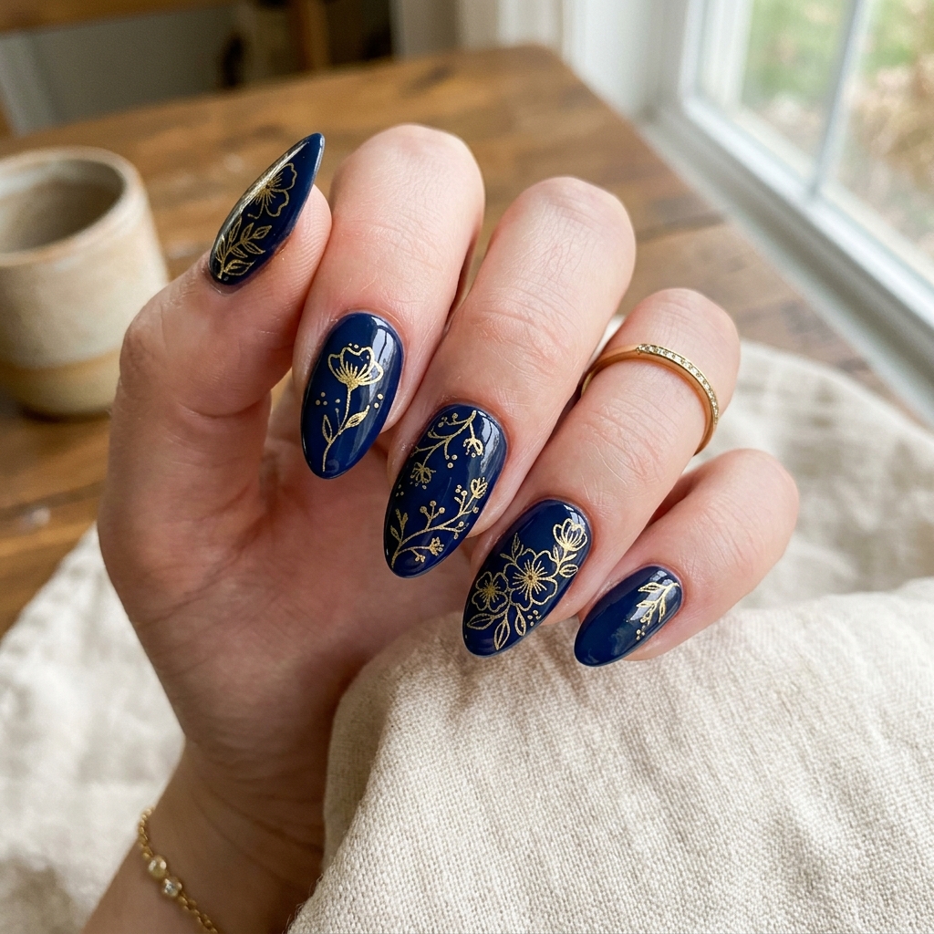 Navy Blue and Gold Nails: 30 Gorgeous Ideas to Elevate Your Manicure 9 Navy blue gold floral nails 202606232333