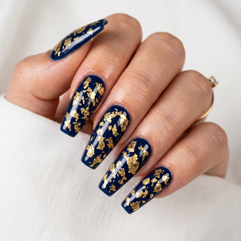 Navy Blue and Gold Nails: 30 Gorgeous Ideas to Elevate Your Manicure 5 Navy blue gold foil nails 202606232328