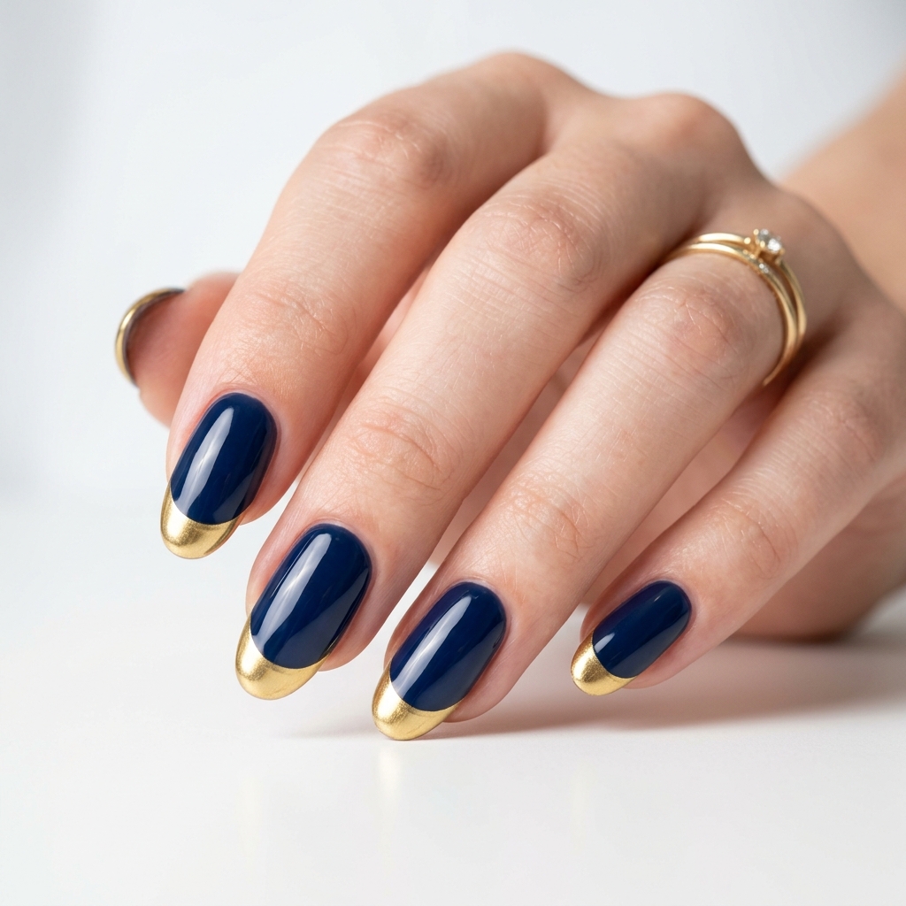 Navy Blue and Gold Nails: 30 Gorgeous Ideas to Elevate Your Manicure 3 Navy blue gold french tips 202606232328