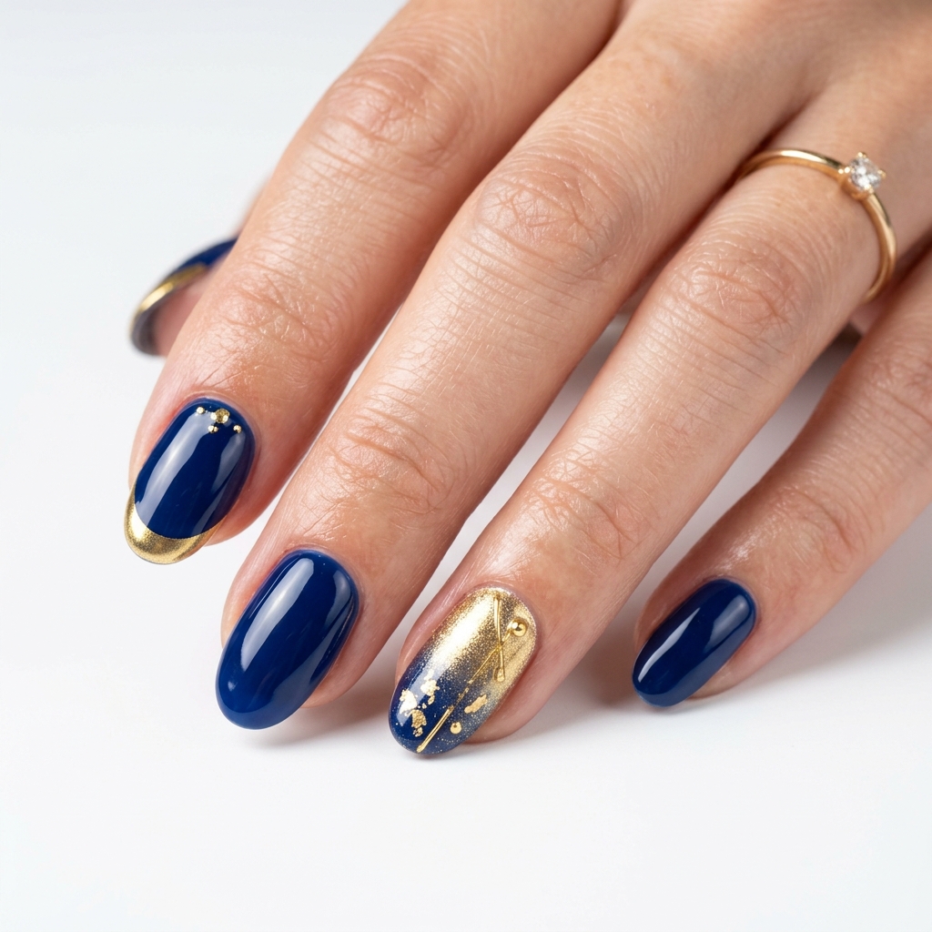 Navy Blue and Gold Nails: 30 Gorgeous Ideas to Elevate Your Manicure 15 Navy blue gold gel nails 202606232338