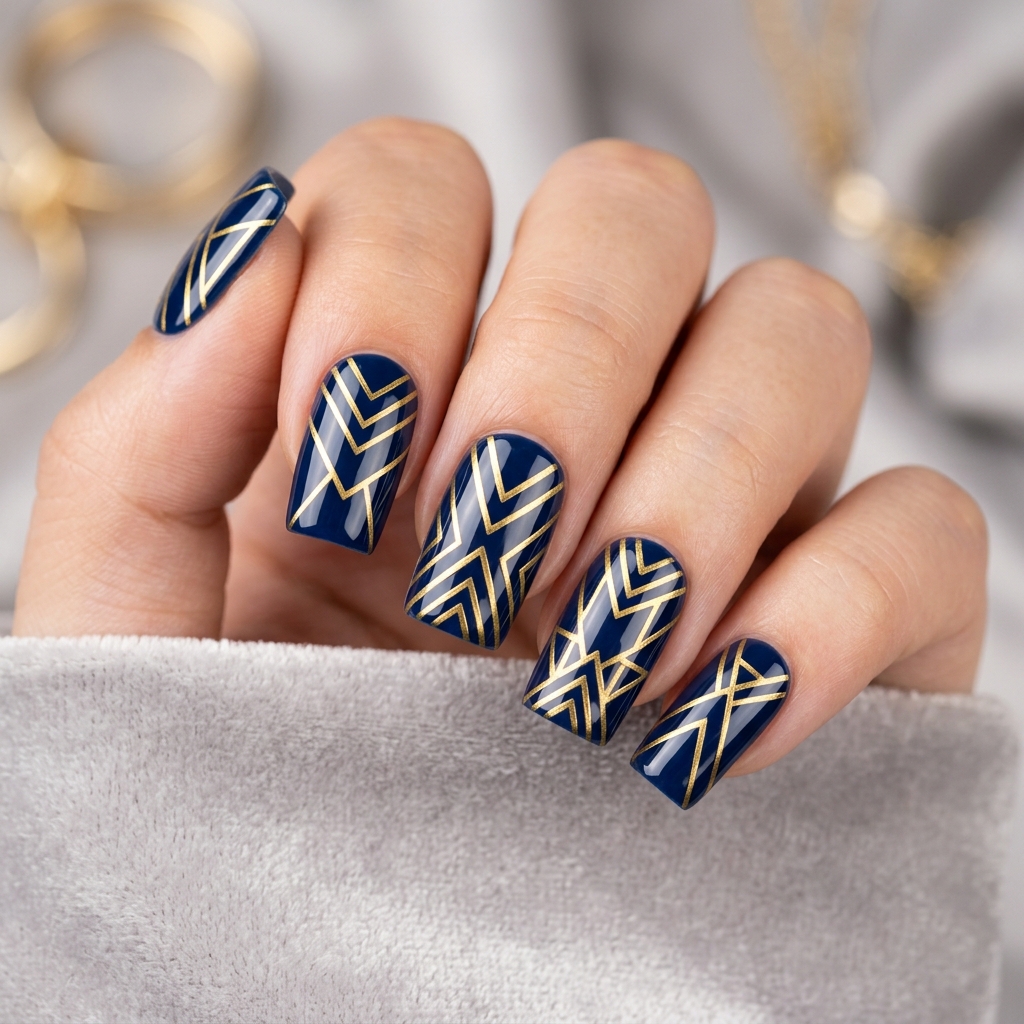 Navy Blue and Gold Nails: 30 Gorgeous Ideas to Elevate Your Manicure 6 Navy blue gold geometric nails 202606232328