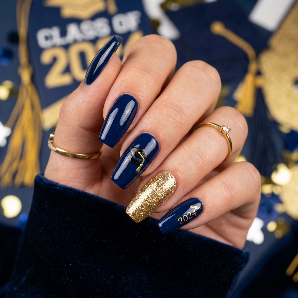 Navy Blue and Gold Graduation Nail Designs