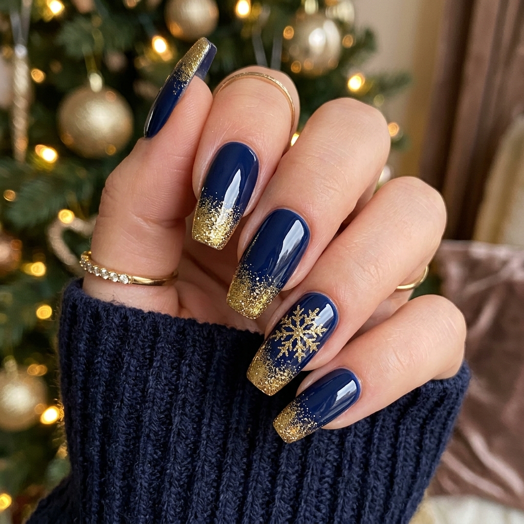 Navy Blue and Gold Nails: 30 Gorgeous Ideas to Elevate Your Manicure 18 Navy blue gold holiday nails 202606232338