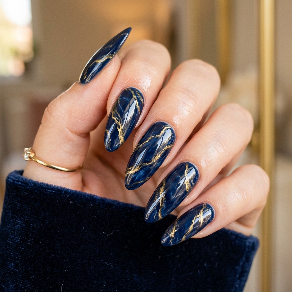 Navy Blue and Gold Nails: 30 Gorgeous Ideas to Elevate Your Manicure 7 Navy blue gold marble nails 202606232328